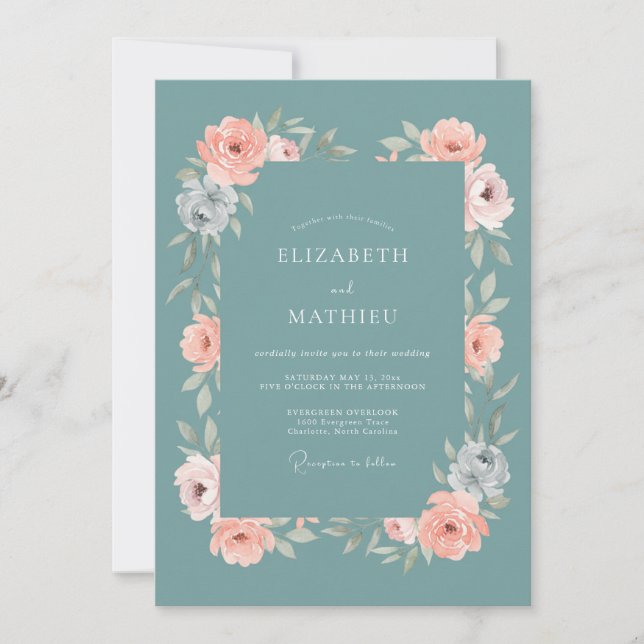 Convite Casamento com Aquarela de Tons Suaves em Azul Verd (Frente)