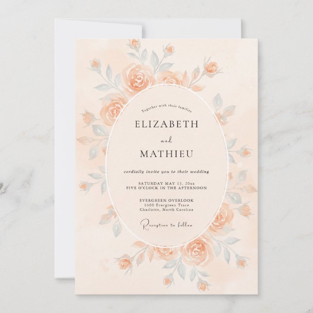 Convite Casamento com Aquarela Delicada de Pêssego (Frente)