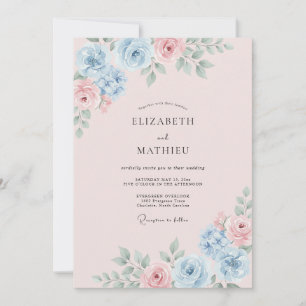 Convite Casamento com Aquarela Delicada em Azul Empoeirado