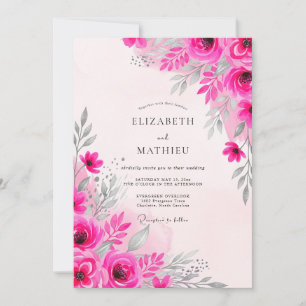 Convite Casamento com Aquarela Delicada em Fuchsia