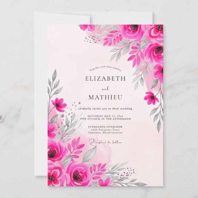 Convite Casamento com Aquarela Delicada em Fuchsia (Frente)