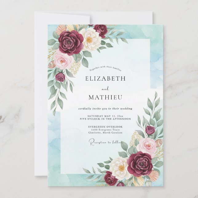 Convite Casamento com Aquarela Divina Borgonha (Frente)