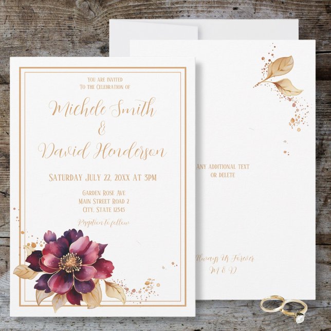 Convite Casamento com Aquarela do Ouro Branco Elegante (Elegant White Golden Burgundy Watercolor Wedding Invitation)