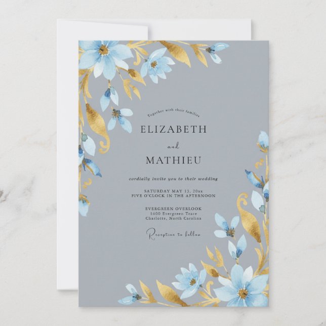 Convite Casamento com Aquarela Dourada Ardósia (Frente)