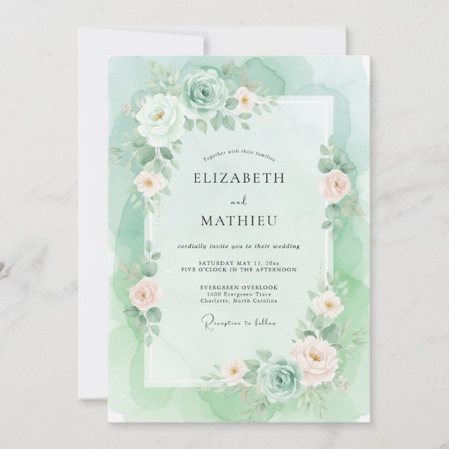 Convite Casamento com Aquarela Elegante em Verde Menta (Frente)