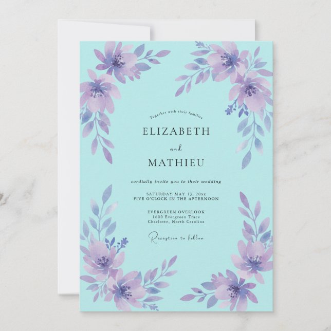 Convite Casamento com Aquarela em Água Suave Roxa (Frente)