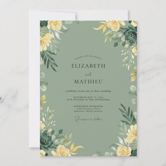Convite Casamento com Aquarela em Amarelo Sage (Frente)