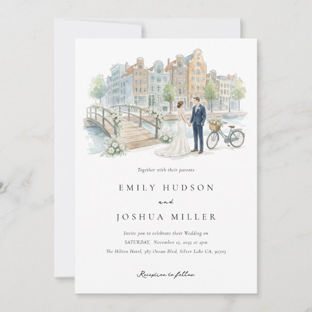 Convite Casamento com Aquarela em Amsterdã (Frente)