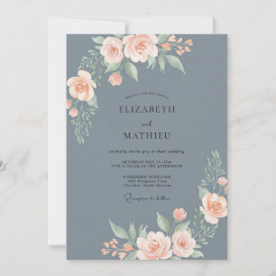 Convite Casamento com Aquarela em Azul Empoeirado e Pêsseg