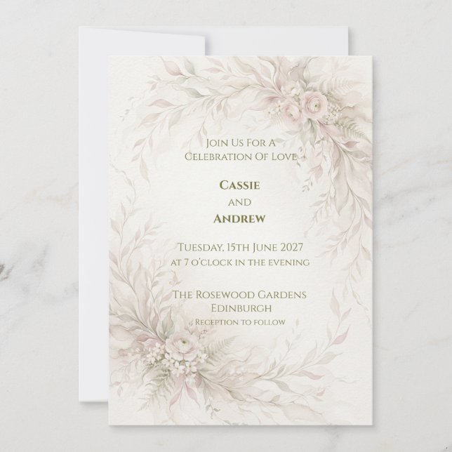 Convite Casamento com Aquarela em Marfim e Rosa Pálido (Frente)