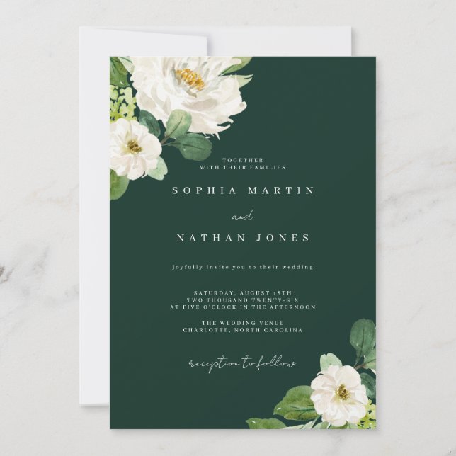 Convite Casamento com Aquarela em Marfim Floral Verde  (Frente)