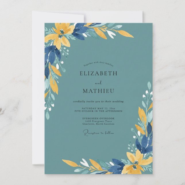 Convite Casamento com Aquarela em Ocre e Azul Marinho (Frente)