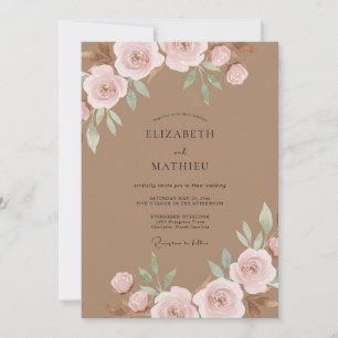 Convite Casamento com Aquarela em Tom Bege-Rosa