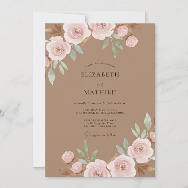 Convite Casamento com Aquarela em Tom Bege-Rosa (Frente)