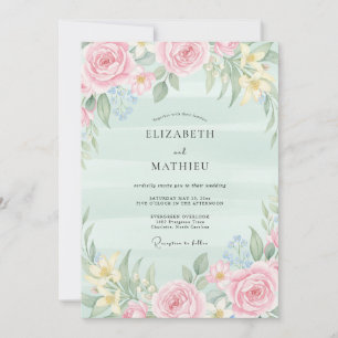 Convite Casamento com Aquarela em Tom de Hortelã e Rosado