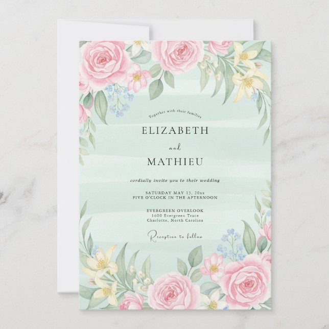 Convite Casamento com Aquarela em Tom de Hortelã e Rosado (Frente)