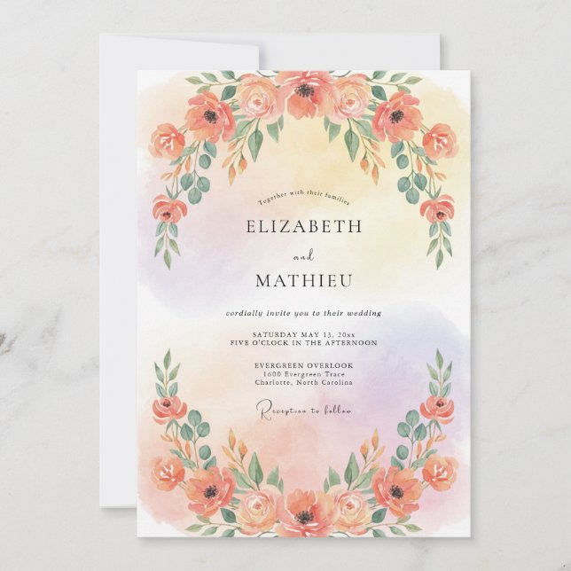 Convite Casamento com Aquarela Encantada de Pêssego (Frente)