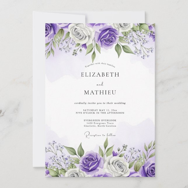 Convite Casamento com Aquarela Enfeitiçante Roxa (Frente)