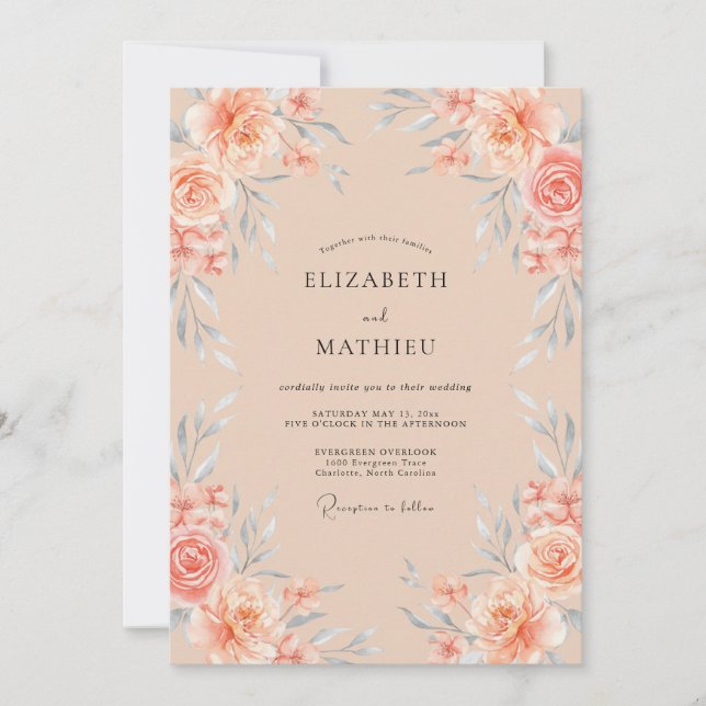 Convite Casamento com Aquarela Etérea de Pêssego (Frente)