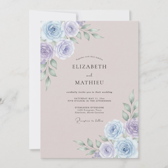 Convite Casamento com Aquarela Etérea em Azul Desbotado (Frente)