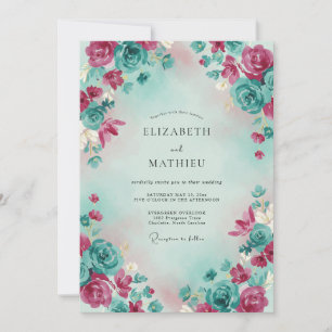 Convite Casamento com Aquarela Etérea em Teal Magenta
