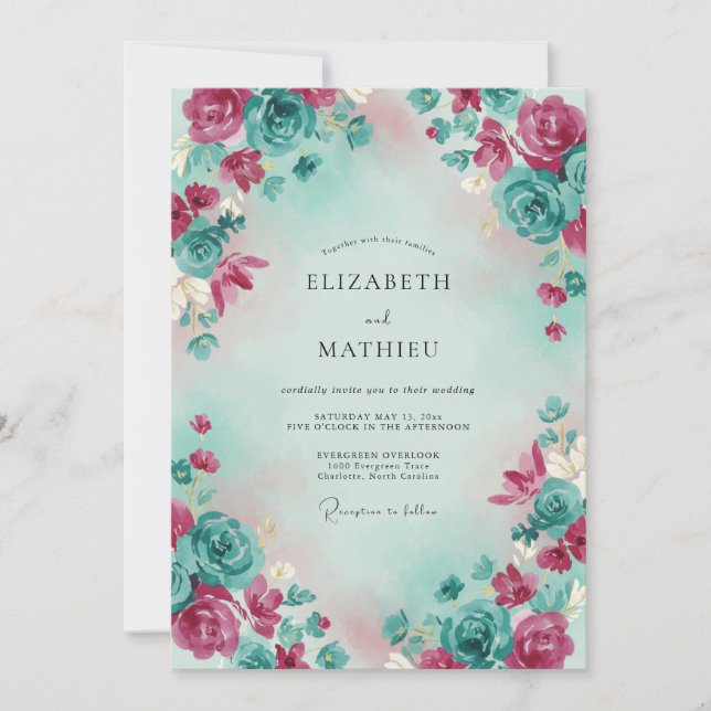 Convite Casamento com Aquarela Etérea em Teal Magenta (Frente)