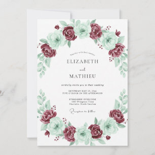 Convite Casamento com Aquarela Etérea em Tons de Borgonha 
