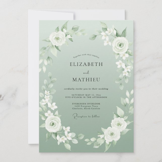 Convite Casamento com Aquarela Etérea em Verde Sage (Frente)