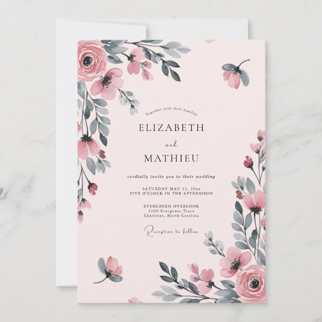 Convite Casamento com Aquarela Etérea Rosa Claro (Frente)