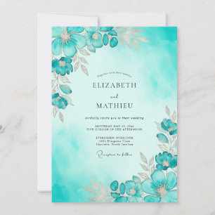 Convite Casamento com Aquarela Etérea Turquesa