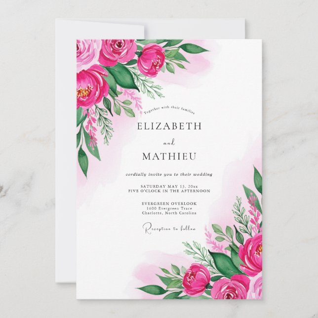Convite Casamento com Aquarela Exuberante em Fuchsia (Frente)
