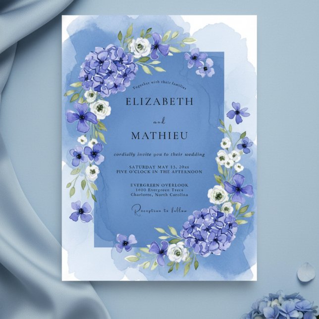 Convite Casamento com Aquarela Floral Azul (Criador carregado)