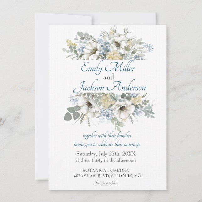 Convite Casamento com Aquarela Floral Azul e Branco Elegan (Frente)