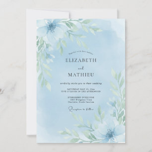 Convite Casamento com Aquarela Floral Azul Pálido