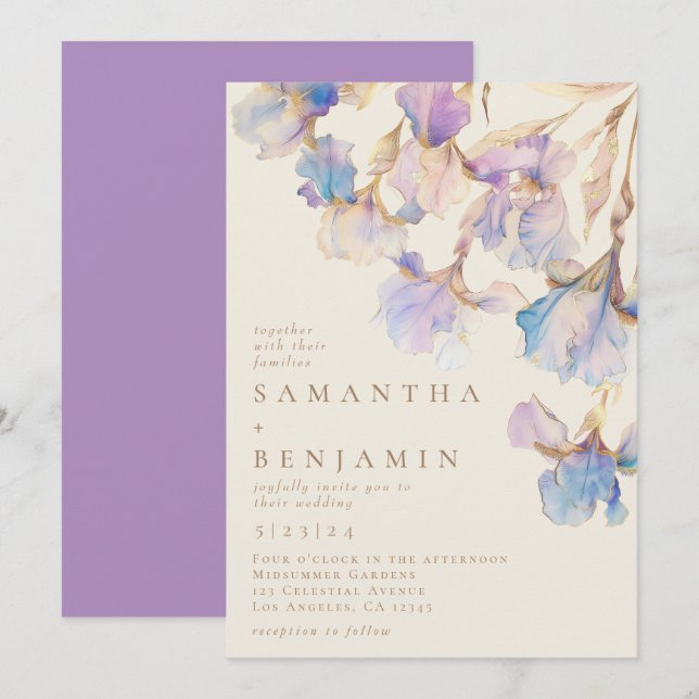 Convite Casamento com Aquarela Floral de Íris Elegante (Frente/Verso)