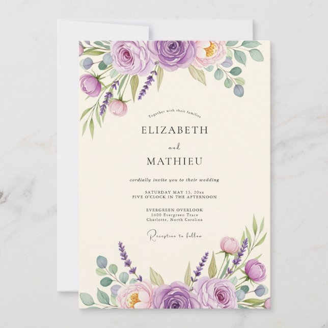 Convite Casamento com Aquarela Floral de Lavanda (Frente)