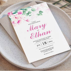 Convite Casamento com Aquarela Floral de Magnólia Rosa