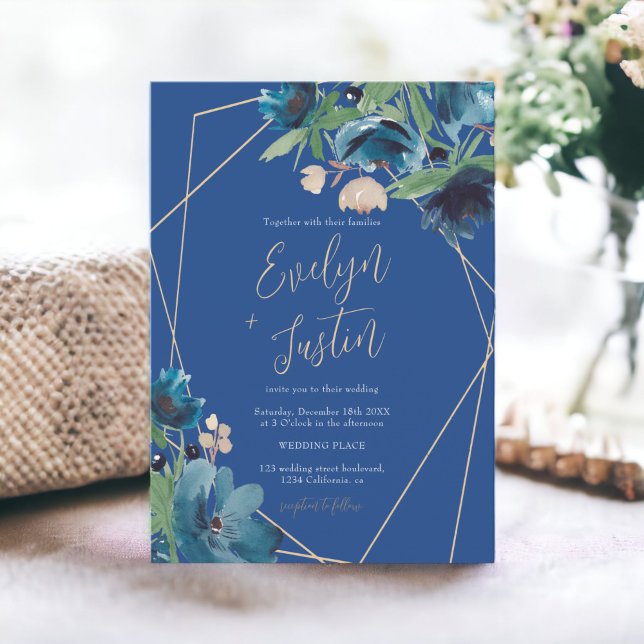 Convite Casamento com Aquarela Floral de Ouro Chic Azul El (Elegant chic blue gold Floral Watercolor Wedding Invitation)