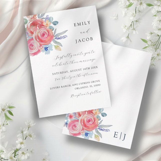 Convite Casamento com Aquarela Floral de Rosa Moderna (Criador carregado)