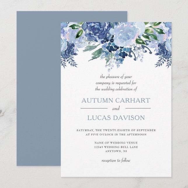 Convite Casamento com Aquarela Floral em Azul Desbotado (Frente/Verso)