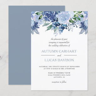 Convite Casamento com Aquarela Floral em Azul Desbotado