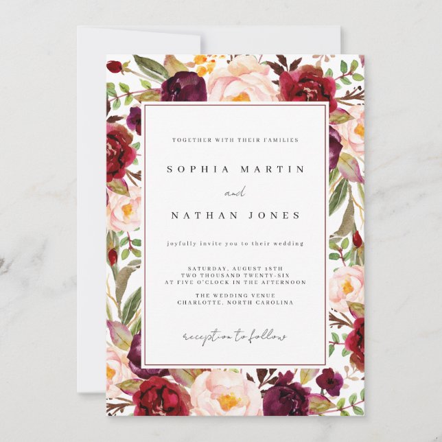 Convite Casamento com Aquarela Floral em Borgonha (Frente)
