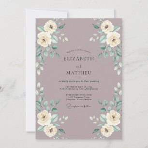 Convite Casamento com Aquarela Floral em Creme Malva