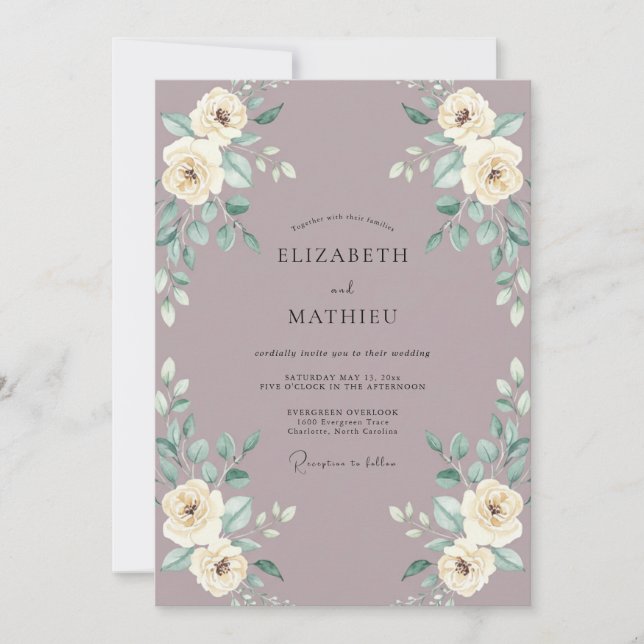 Convite Casamento com Aquarela Floral em Creme Malva (Frente)