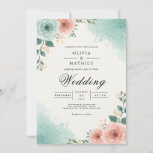Convite Casamento com Aquarela Floral em Verde Azul e Pêss