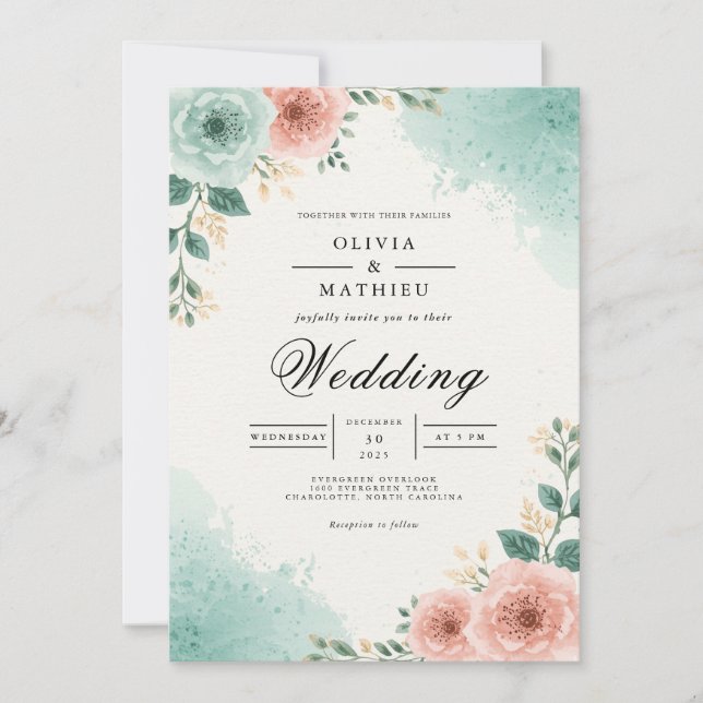 Convite Casamento com Aquarela Floral em Verde Azul e Pêss (Frente)