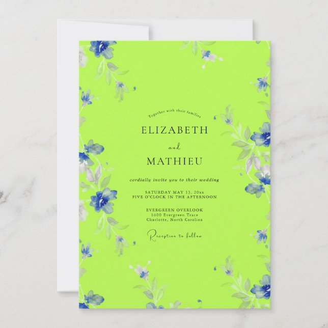 Convite Casamento com Aquarela Floral em Verde Lima (Frente)