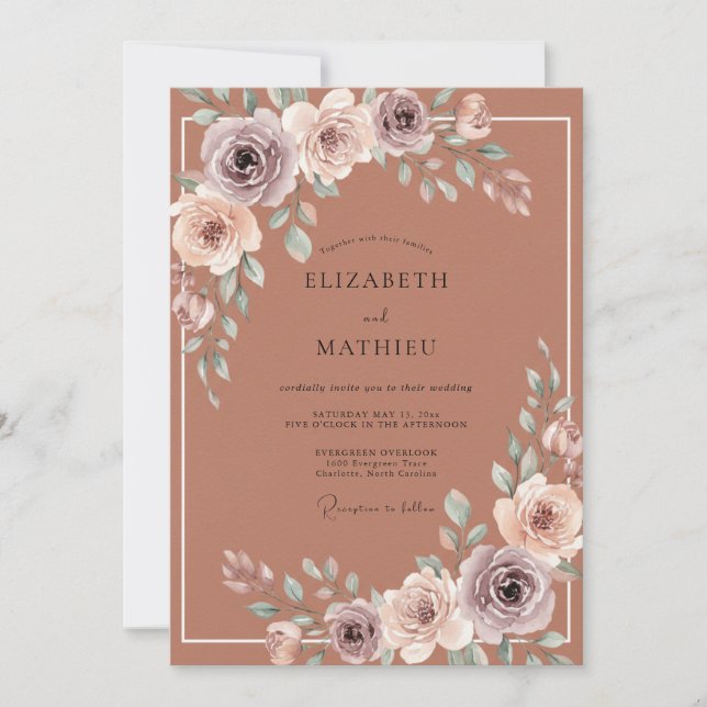 Convite Casamento com Aquarela Floral Enferrujada (Frente)