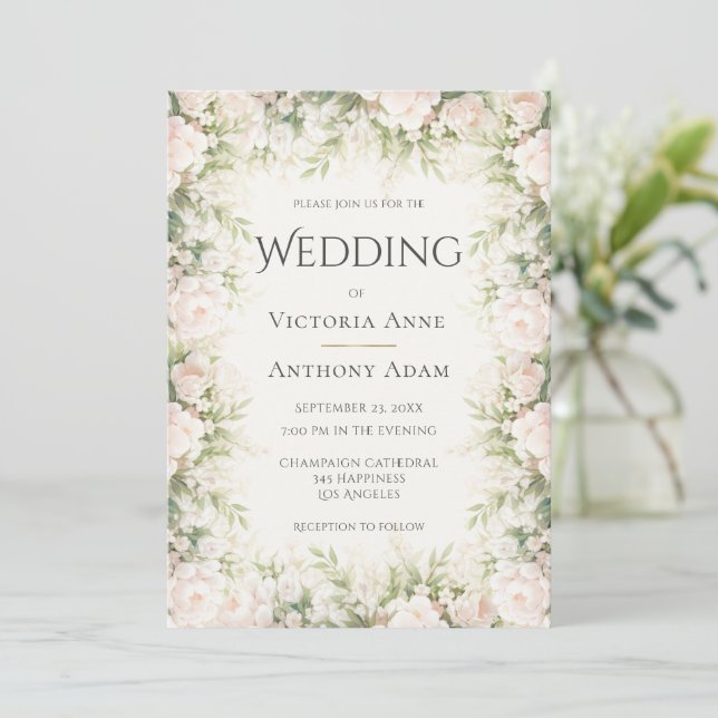 Convite Casamento com Aquarela Floral Rosa (Em pé/Frente)