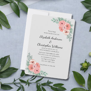Convite Casamento com Aquarela Floral Rosa e Cinza Elegant